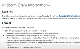 Emilie reviewing logistics for a midterm exam for a section of her online, asynchronous Intro to Programming course